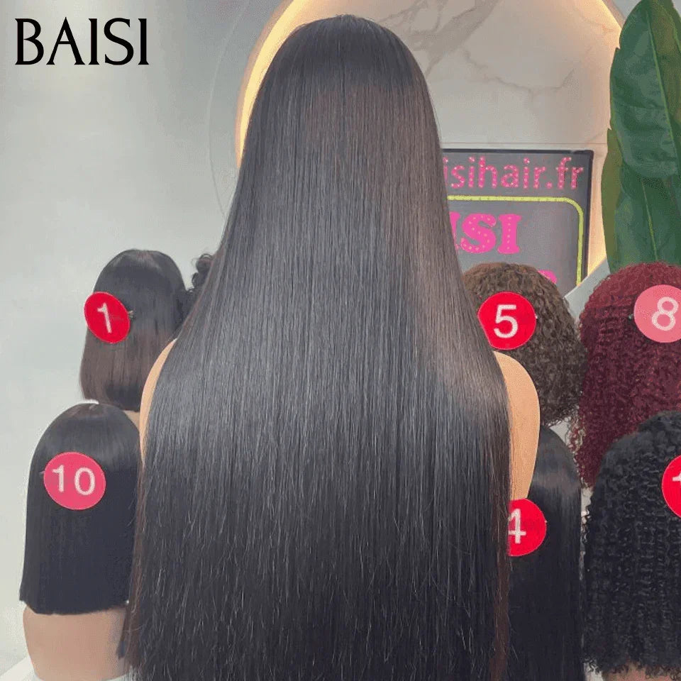 BAISI Luxus-Perücken, gerade Perücke mit 2x6-Spitzenverschluss, aus 100 % Echthaar, Vietnam-Haar, 300 % Dichte über 20 Jahre Nutzung B