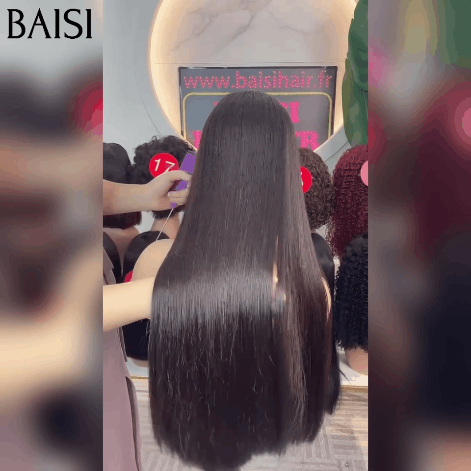 BAISI Luxus-Perücken, gerade Perücke mit 2x6-Spitzenverschluss, aus 100 % Echthaar, Vietnam-Haar, 300 % Dichte über 20 Jahre Nutzung B