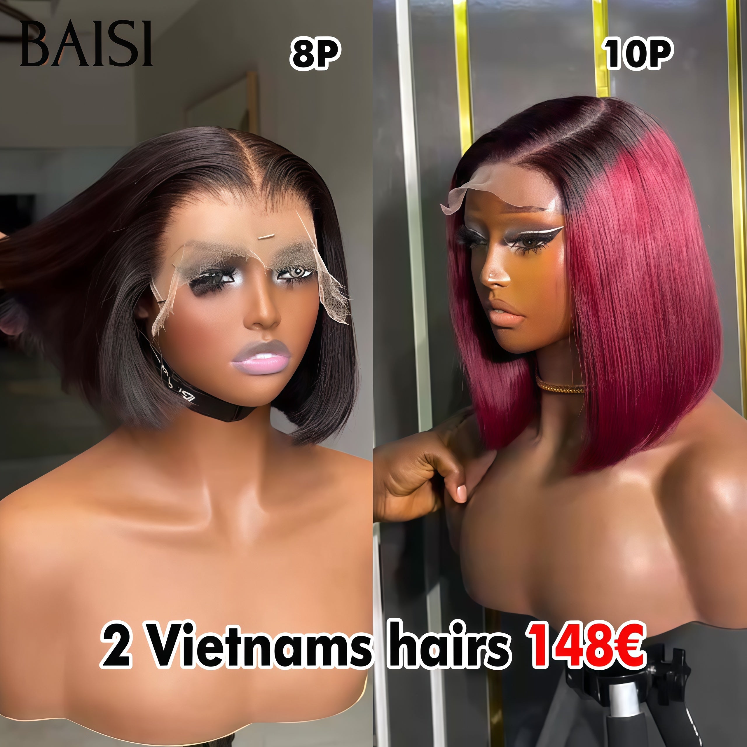 BAISI PROMO 2 perruques 148€ 4X4 lace closure Lisse BOB en couleur NOIR et Bordeaux 100% Vietnam Hair en 100% Cheveux Humains