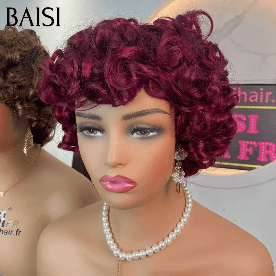 Parrucca BAISI senza colla senza pizzo riccia a uovo marrone e bordeaux in capelli umani al 100% FR20