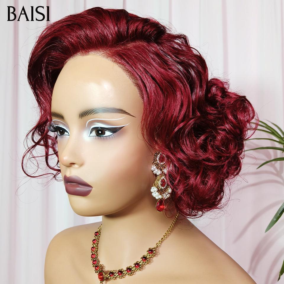 BAISI Perruque 13X4 lace frontal Bob Egg Curls Raie sur le côté borduex 99J# 66€ en 100% Cheveux Humains FR20