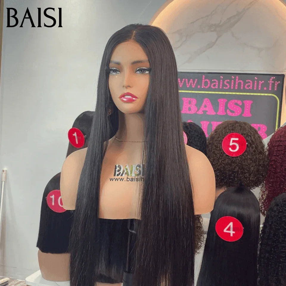BAISI Luxus-Perücken, gerade Perücke mit 2x6-Spitzenverschluss, aus 100 % Echthaar, Vietnam-Haar, 300 % Dichte über 20 Jahre Nutzung B