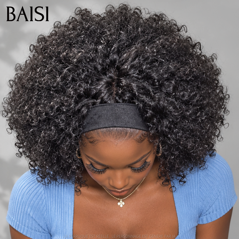 BAISI Perruque Bandeau BOB kinky curly 14 Pouces 400% Volume 159€ Fabriquée A La Machine sans Colle sans lace en 100% Cheveux Humains