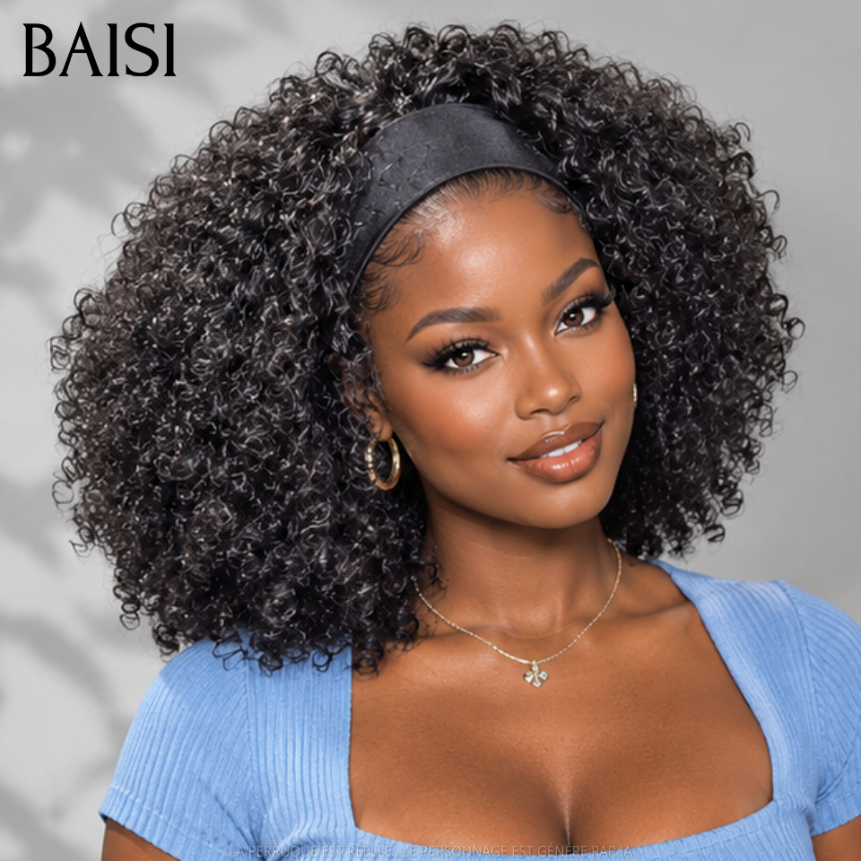 BAISI Perruque Bandeau BOB kinky curly 14 Pouces 400% Volume 159€ Fabriquée A La Machine sans Colle sans lace en 100% Cheveux Humains