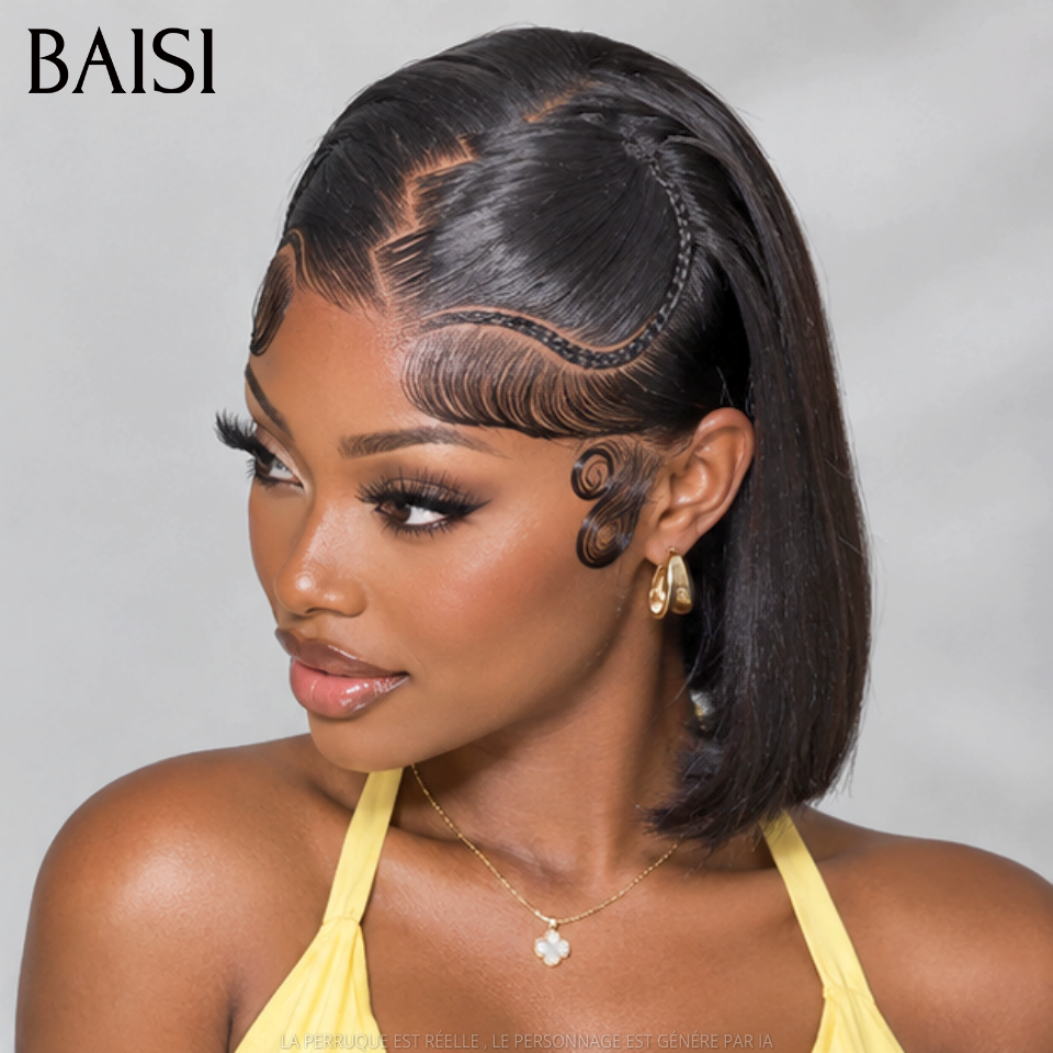 BAISI 13x4 Lace Frontale 10 Pouce lisse Noir 85€ sans colle prêt-à-porter Perruques avec coiffure tressée natte Vidéo 100% Réelle en 100% cheveux humains