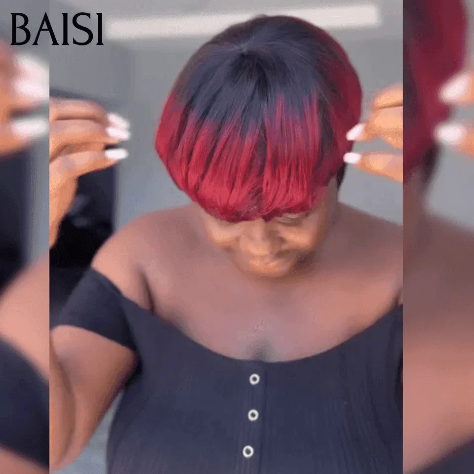 BAISI Straight Pixie Wig Special Color Matching 1BT99J # € 68 em cabelo 100% humano