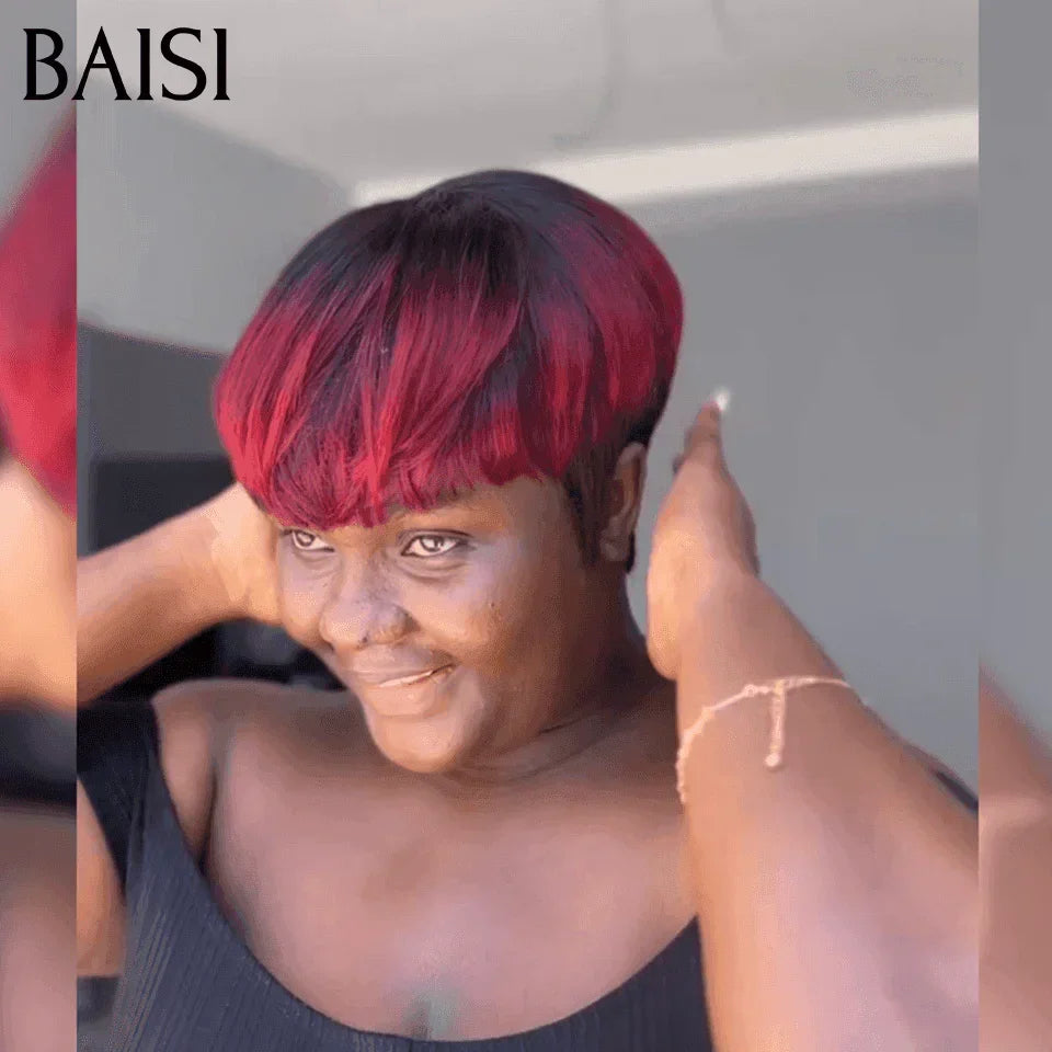 BAISI Perruque Pixie Lisse en noir 45€ et Correspondance spéciale des couleurs 1BT99J# 68€ en 100% Cheveux Humains