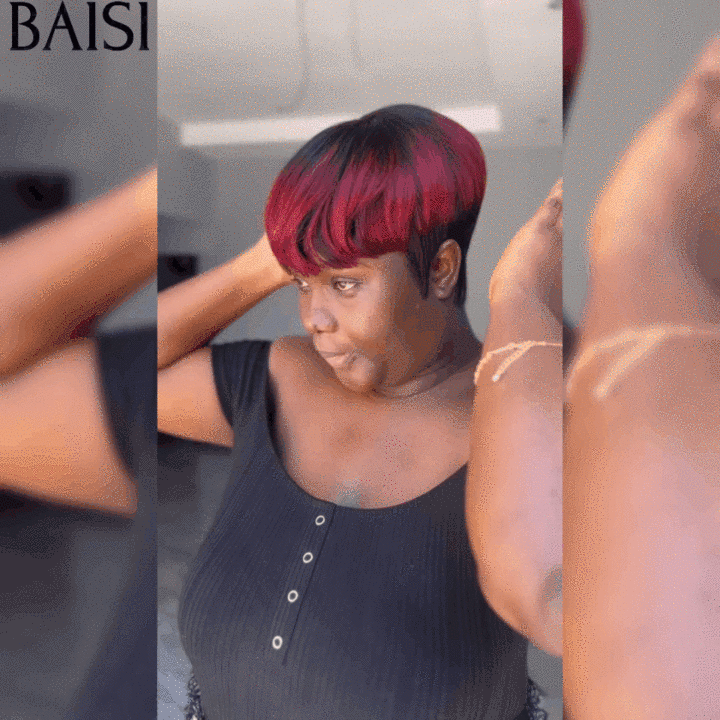 BAISI Perruque Pixie Lisse en noir 45€ et Correspondance spéciale des couleurs 1BT99J# 68€ en 100% Cheveux Humains