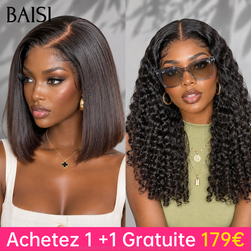 BAISI Achetez 1 + 1 Gratuite 179€ 13x4 Lace frontal curly wave 22 Pouces et 4x4 Lace Lisse BOB 10 Pouces 1BT4# en 100% Cheveux Humains
