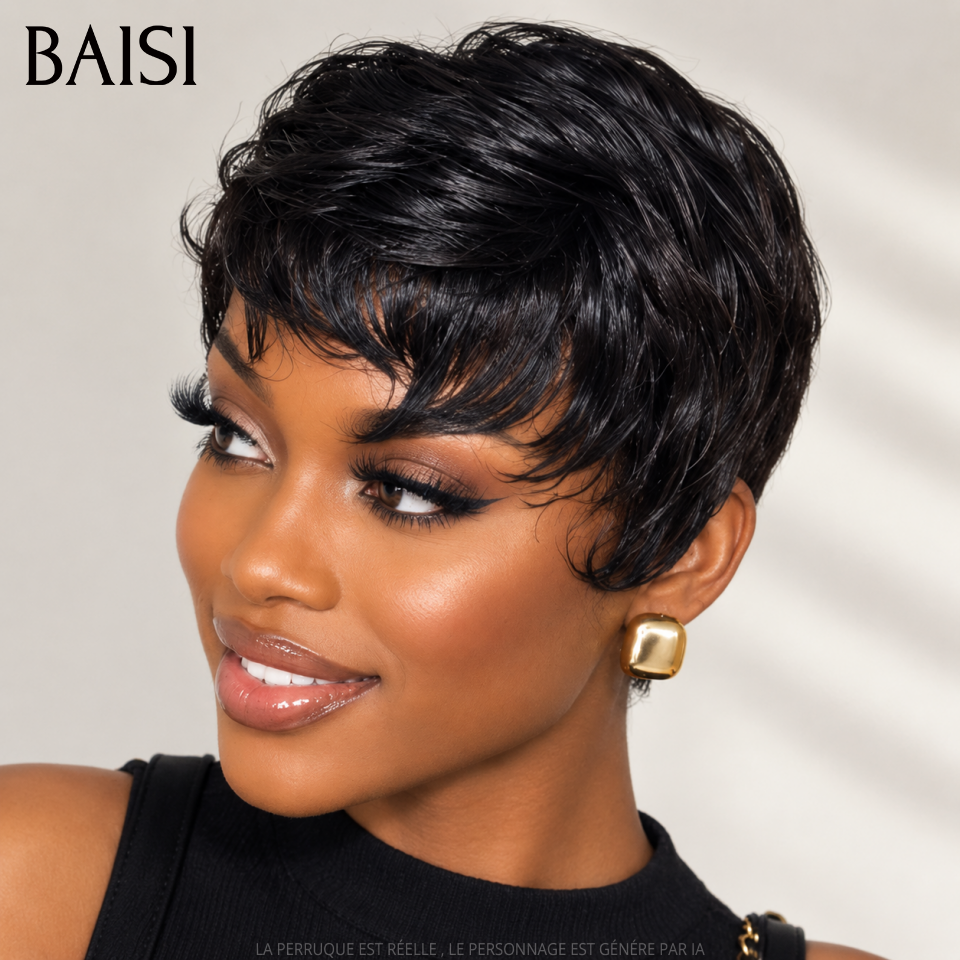 BAISI Achetez 1 + 1 Gratuite 69€ 13x4 lace frontal pixie curly wave NOIR et sans Colle pixie Lisse en 100% Cheveux Humains