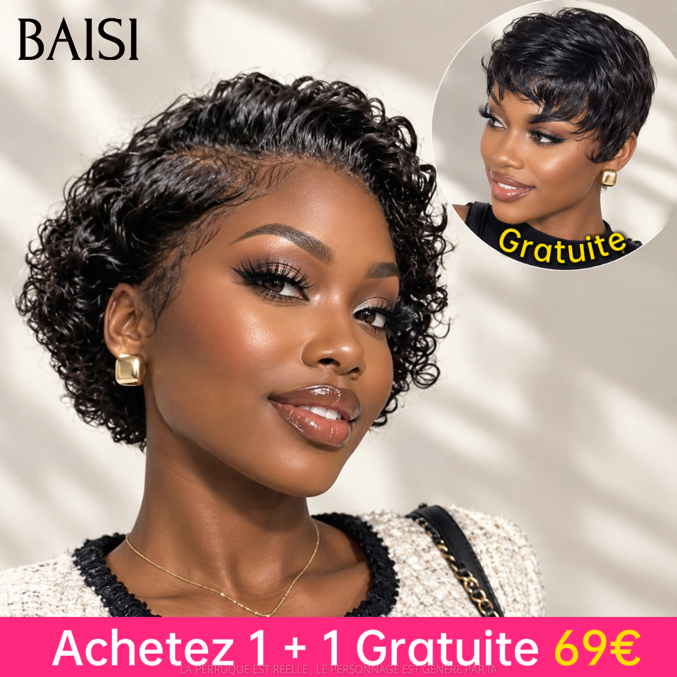 BAISI Achetez 1 + 1 Gratuite 69€ 13x4 lace frontal pixie curly wave NOIR et sans Colle pixie Lisse en 100% Cheveux Humains