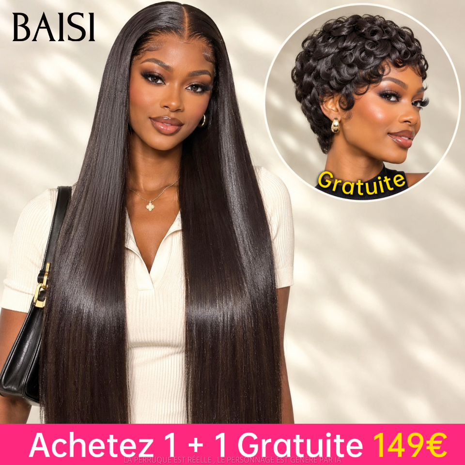 BAISI Compre 1 + 1 Grátis 149€ lace frontal lisa 13x4 24 polegadas e peruca pixie chioma finger wave em 100% cabelo humano verdadeiro
