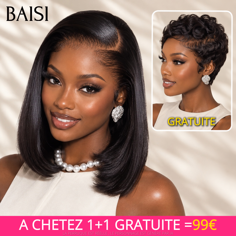 BAISI HAIR FR Achetez 1 +1 Gratuite = 99€ bob 13x4 lace lisse 10 pouces et pixie sans colle finger wave noir En 100% Cheveux Humains
