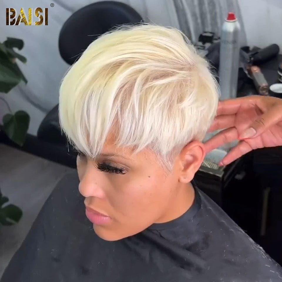 BAISI Lace Perruque Coupe Pixie en couleur blonde Mixte Marron Fabriqué à la Machine 100% Cheveux Humains