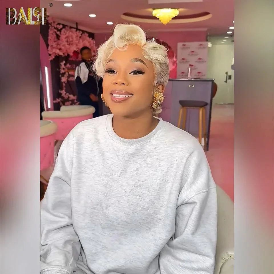 BAISI Achetez 2 perruques minimum au prix d'usine fournisseur Coupe Pixie Lisse En Blonde #613 100% Vrais Cheveux Humains (Pas Besoins De Code)