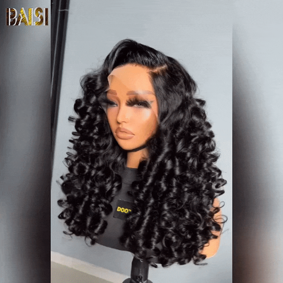 BAISI 13X4 Perruques de Luxe loose Wave en Couleur NOIR 300%densité A1 Fabriquées par les cheveux double drawn mèches vièges volume en 100% Cheveux Humains