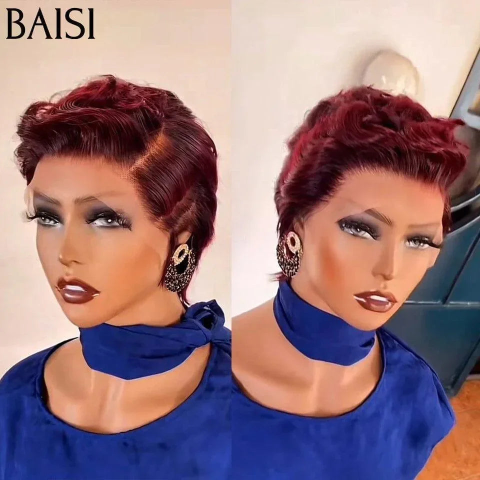 BAISI 13X4 lace Perruque Pixie vague En Couleur 99J# 65€ en 100% Cheveux Humains