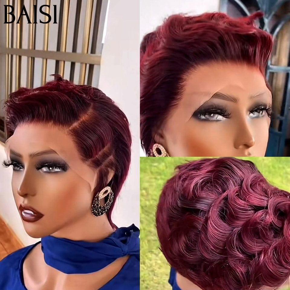 BAISI 13X4 lace Perruque Pixie vague En Couleur 99J# 65€ en 100% Cheveux Humains