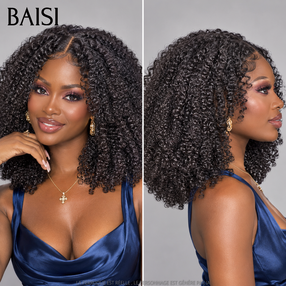 BAISI Grande SOLDES Perruque Closure 4x4 Naturelle Curly 12 Pouce 300% Densité Sans Colle Lace déjà couper Facile à Porter en 100% Vrais Cheveux Humains