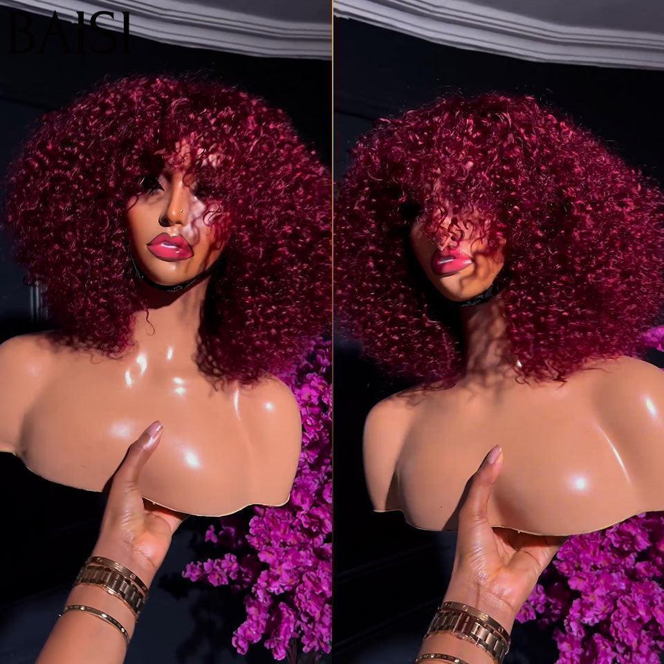BAISI Perruque Bouclée Curly Wave 79€ avec Frange en Rouge Bordeaux #99J