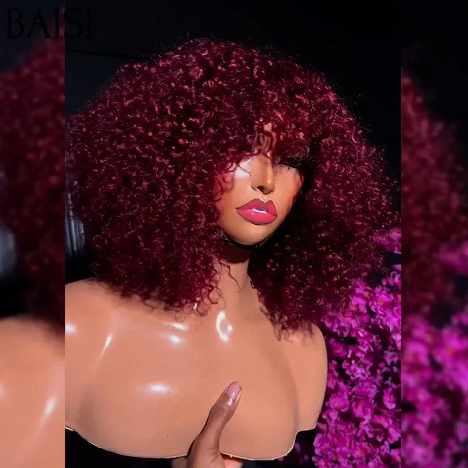 BAISI Perruque Bouclée Curly Wave 79€ avec Frange en Rouge Bordeaux #99J