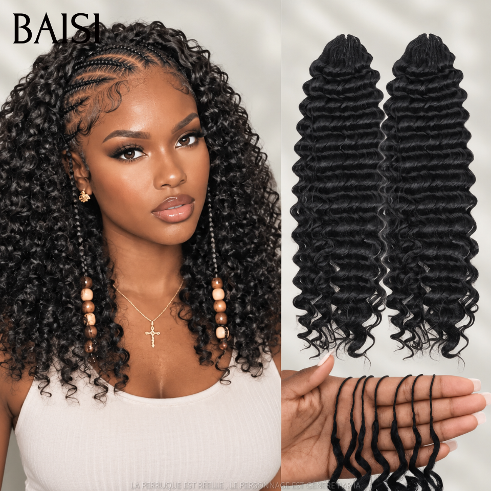 BAISI Extensions Plumes 100% Cheveux Humains Deep Wave Couleur Noir 1B# Pose Etape par Etape en Crochet 100Gr Plus de Longueur et de Volume Port Durable