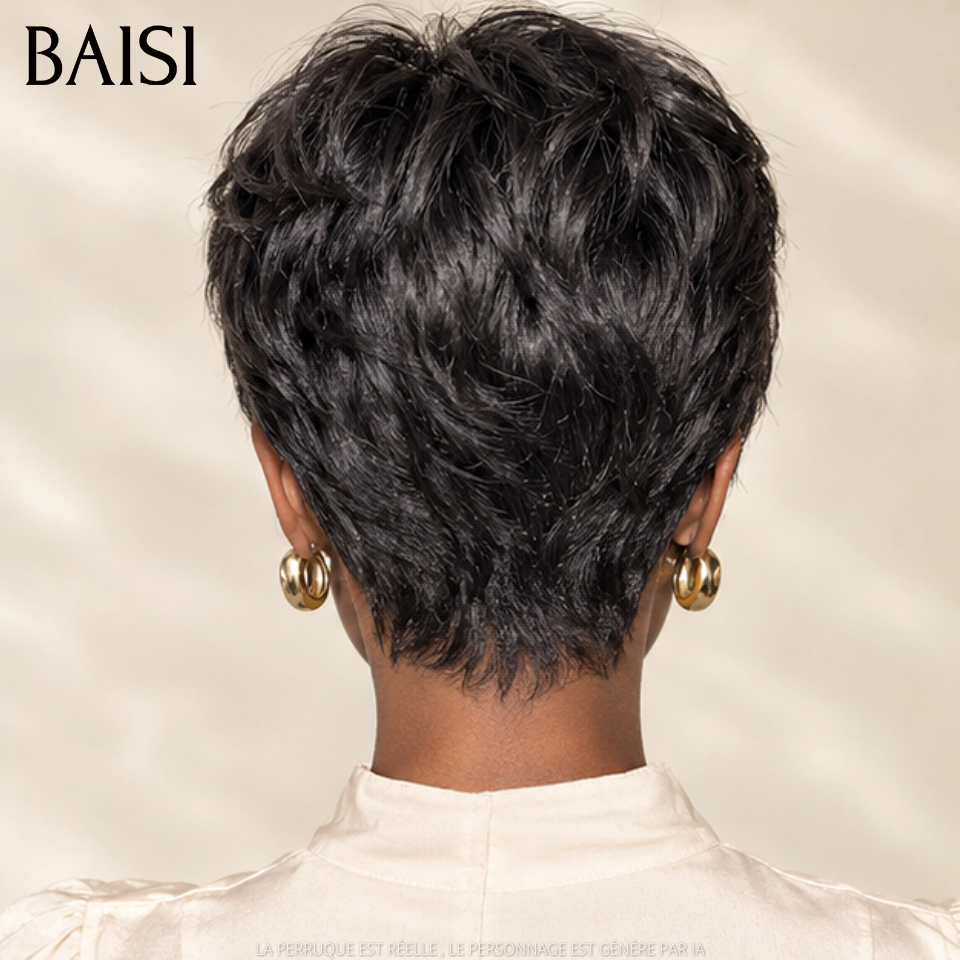 BAISI Perruques sans Colle pixie NOIR 48€ en France TVA 0€ Livraison gratuite 2-3 jours 100% Cheveux Humains