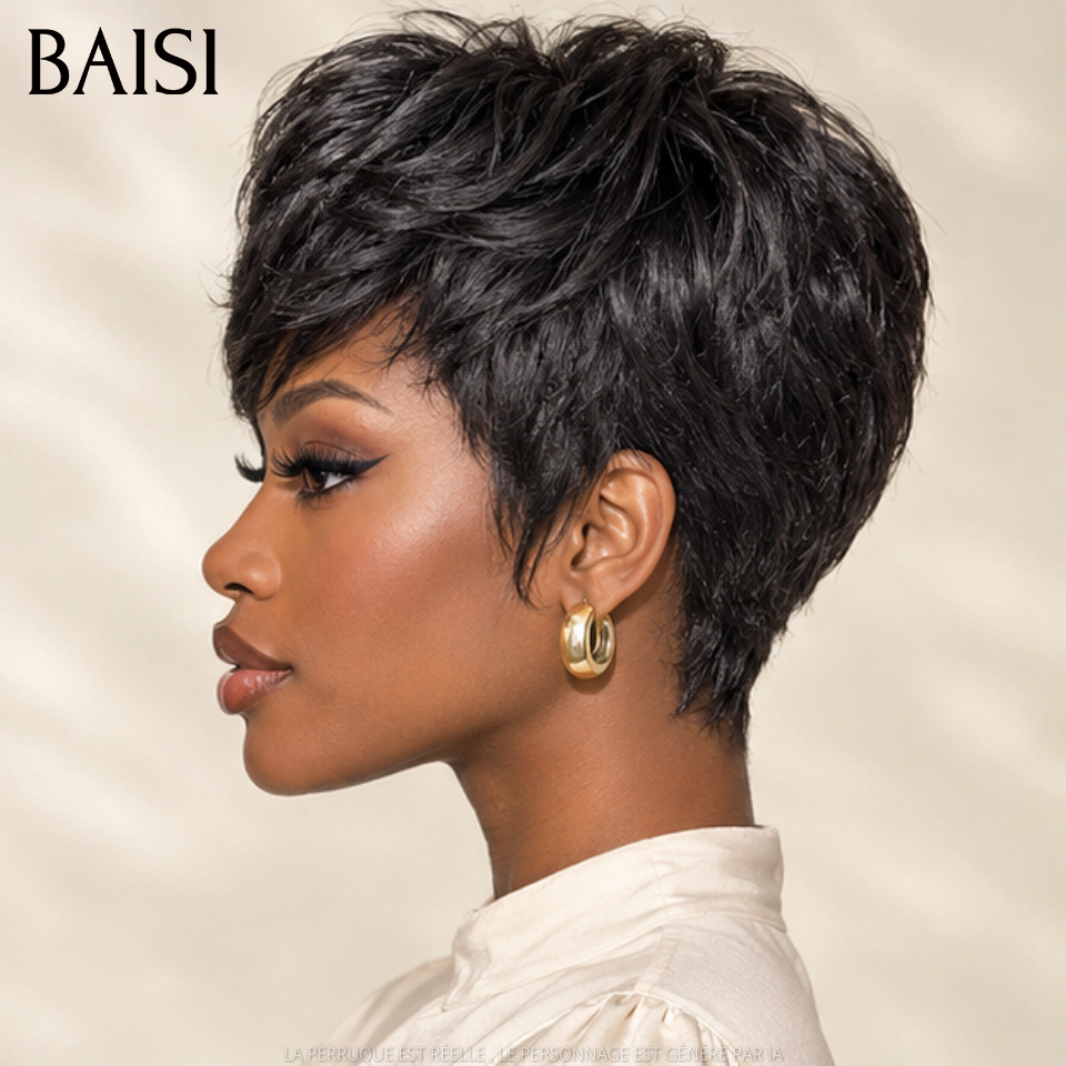 BAISI Perruques sans Colle pixie NOIR 48€ en France TVA 0€ Livraison gratuite 2-3 jours 100% Cheveux Humains