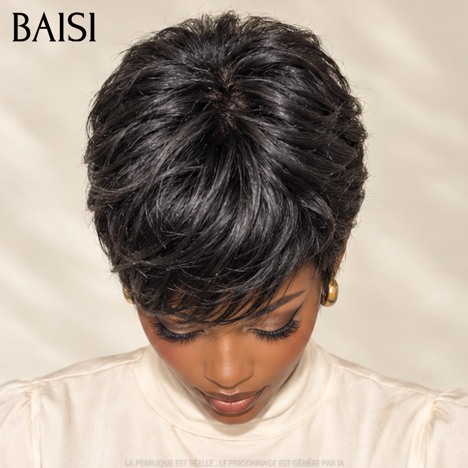 BAISI Perruques sans Colle pixie NOIR 48€ en France TVA 0€ Livraison gratuite 2-3 jours 100% Cheveux Humains