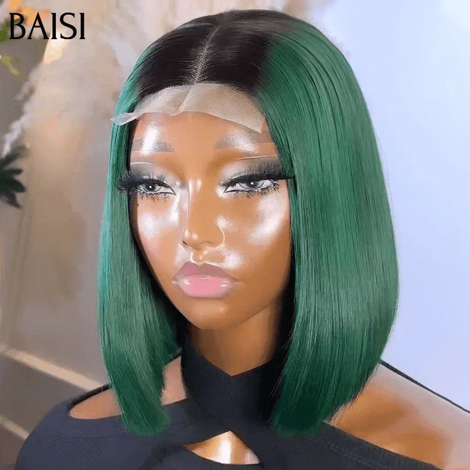 BAISI 100% Vietnam Hair SDD BONE STRAIGHT 2x6 Lace Wig Straight Color BLACK and green In 100% Human Hair