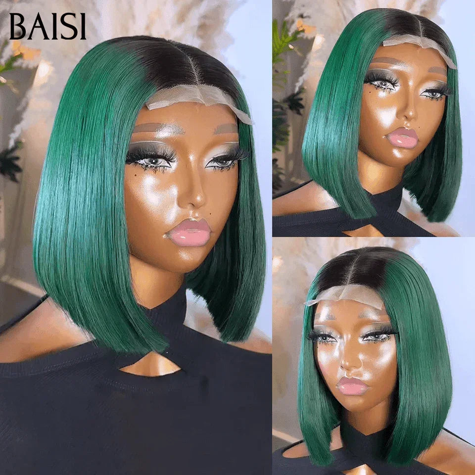 BAISI 100% Vietnam Hair SDD BONE STRAIGHT 2x6 Lace Wig Straight Color BLACK and green In 100% Human Hair