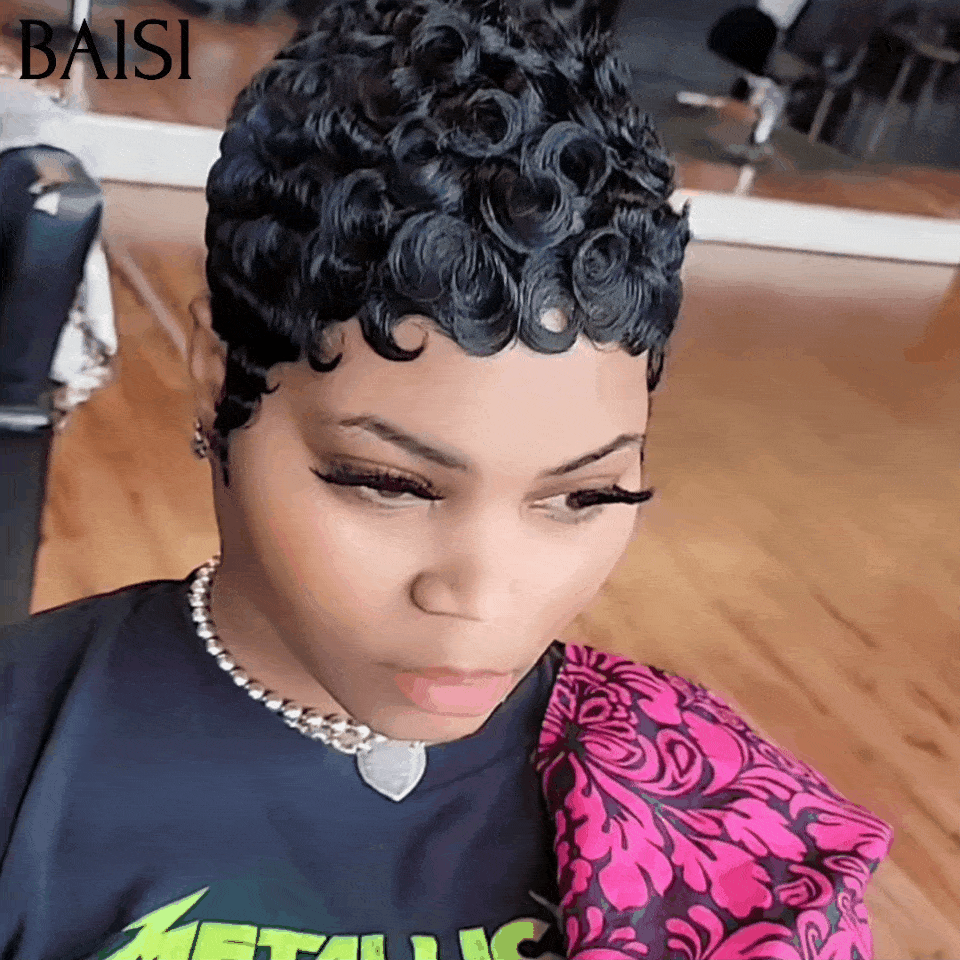 BAISI Flash Offer Today 38€ VAT 0€ Pixie finger wave wigs small cut machine made