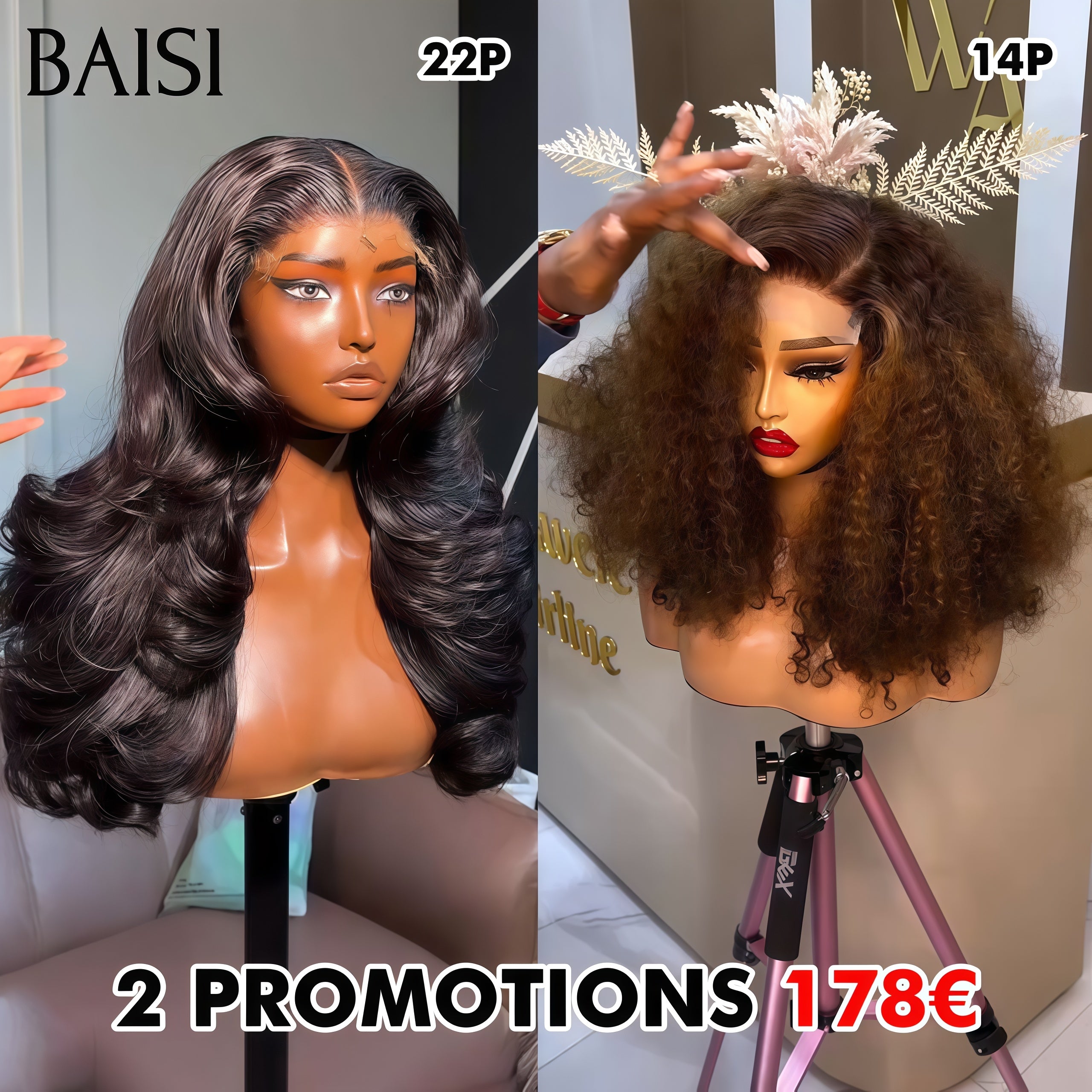 BAISI PROMO Ventes En Gros 2 Perruques 178€ 4x4 lace Body wave 22 Pouces et 4x4 lace closure water wave Mixte 14 Pouces en 100% cheveux humains