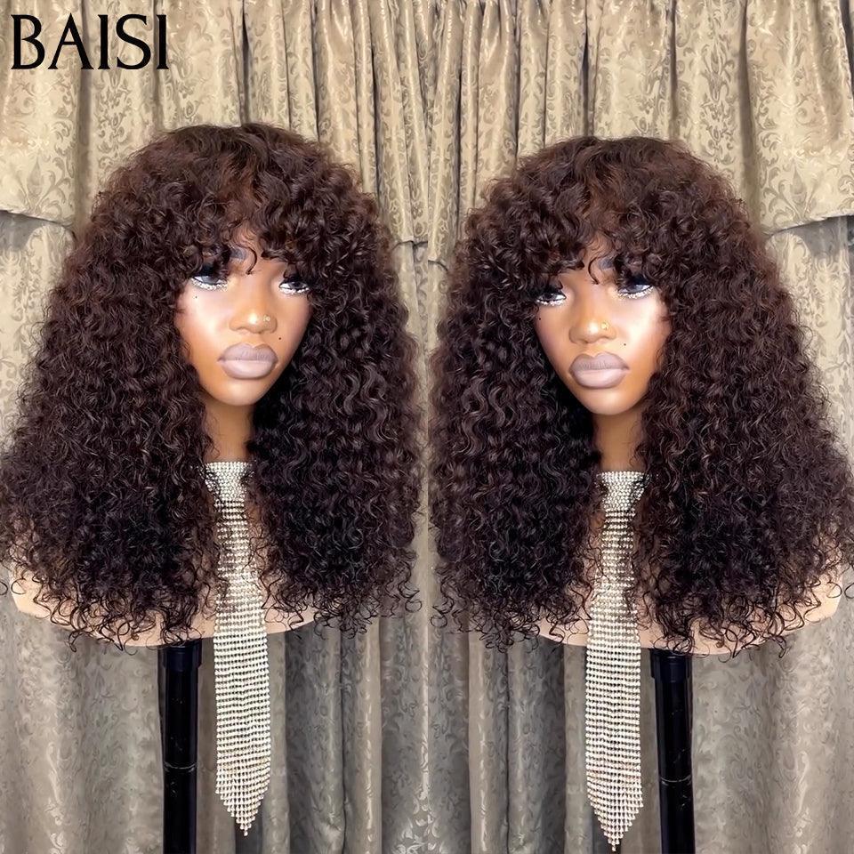 BAISI Perruque Lisse avec Frange 30# miel ou Bouclée curly Wave avec Frange 18 Pouces 300% densité en Couleur marron en 100% Cheveux Humains FR20
