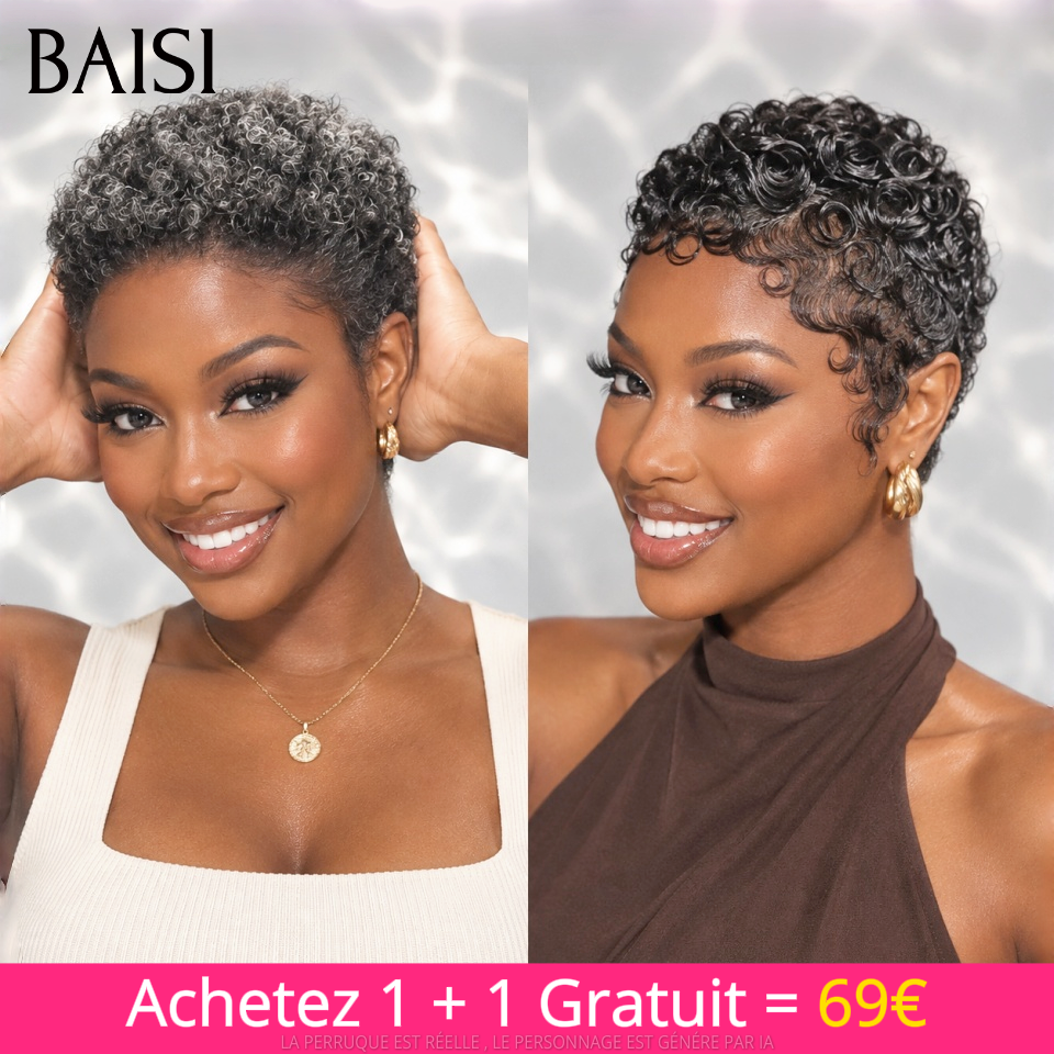 BAISI 1 Acheté + 1 Gratuite = 69€ prix Abordable afro et finger wave sans colle sans lace facile à porter en 100% vrais cheveux humains