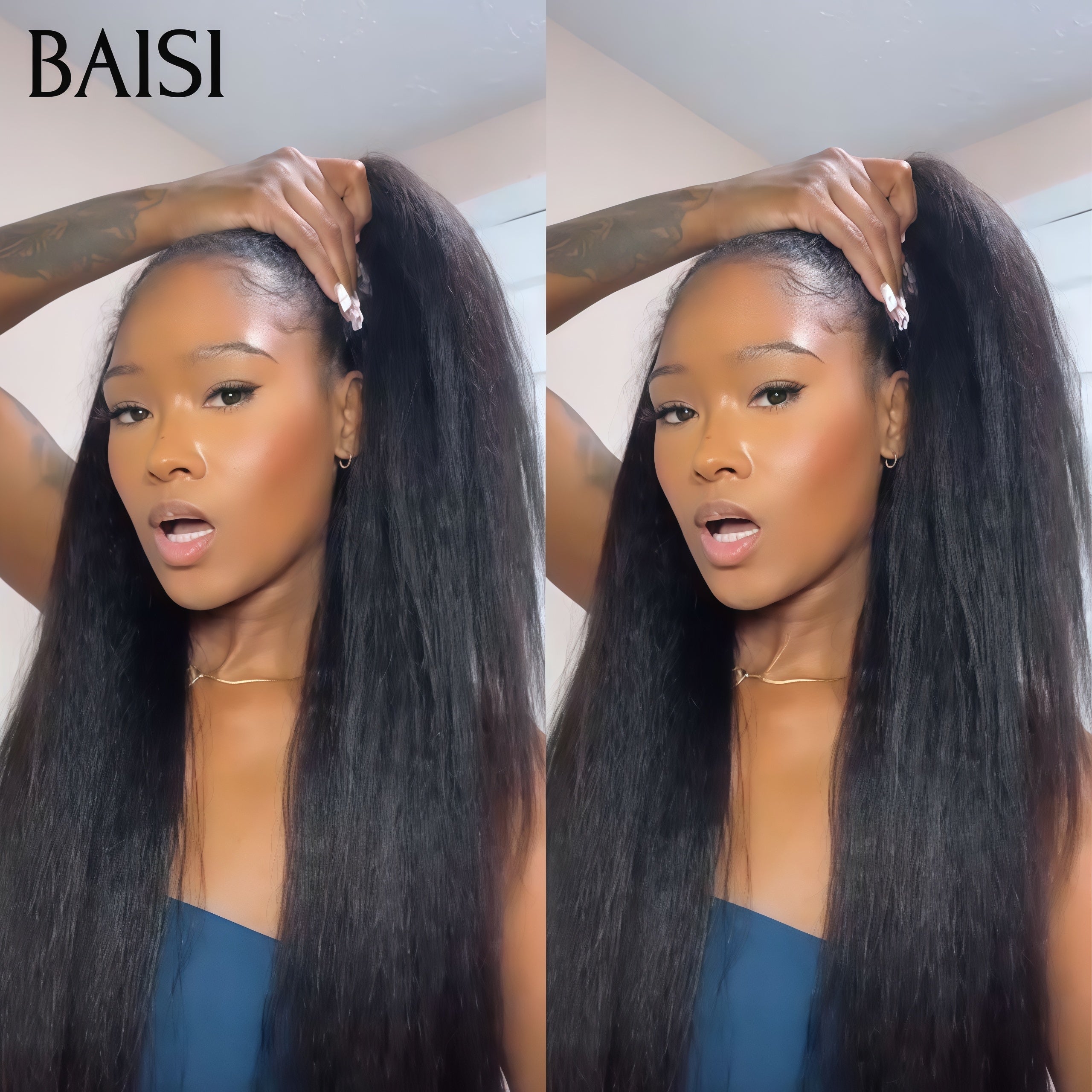 BAISI 13X4 lace frontal perruque Kinky Straight NOIR sans colle sans Colle en 100% Raw Hair Lace déjà couper