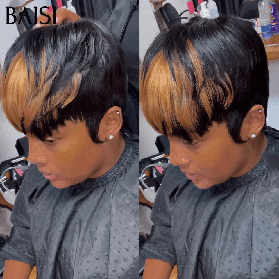 BAISI Perruque Pixie 47€ Lisse NOIR ou Mixte sans Colle sans lace Couleurs personnalisées en 100% Cheveux Humains