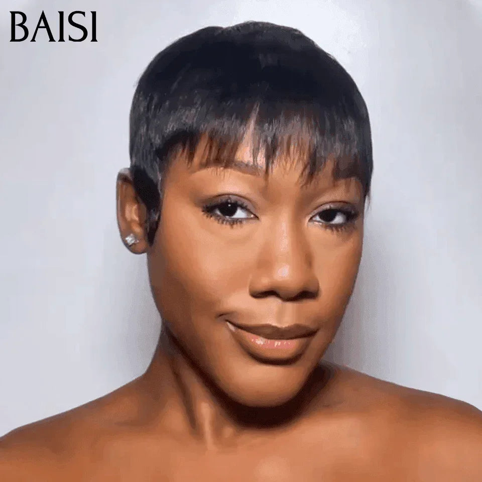 BAISI perruque 46€ TVA 0€ sans Colle sans lace NOIR en 100% Cheveux Humains