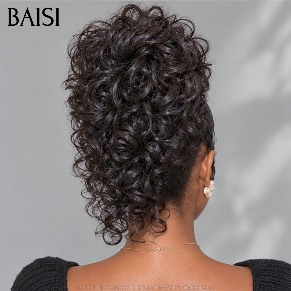BAISI 13x6 Lace Perruque Déjà Coiffée Boucle Avec Wave Chignon Haute Couleur Noir 1B# 198€ Look Hautâin Confiance En Soit en 100% Cheveux humains