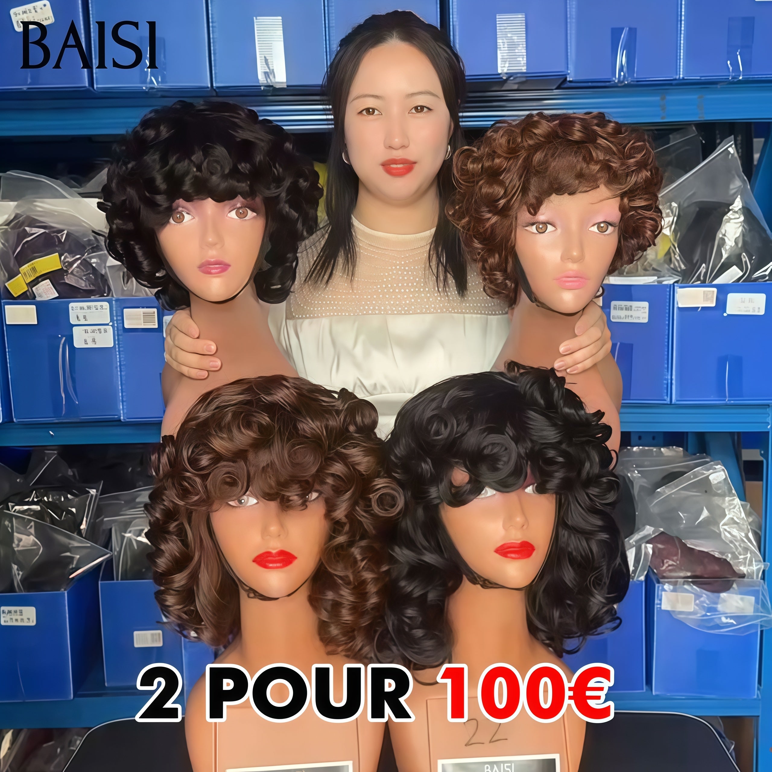 BAISI 2 Perruques 100€ 12 Pouces bouclé egg Wave avec Frange ou Volume de 300% 180€ 14 pouces sans Colle Fabriqué à la Machine en 100% Cheveux Humains BS65