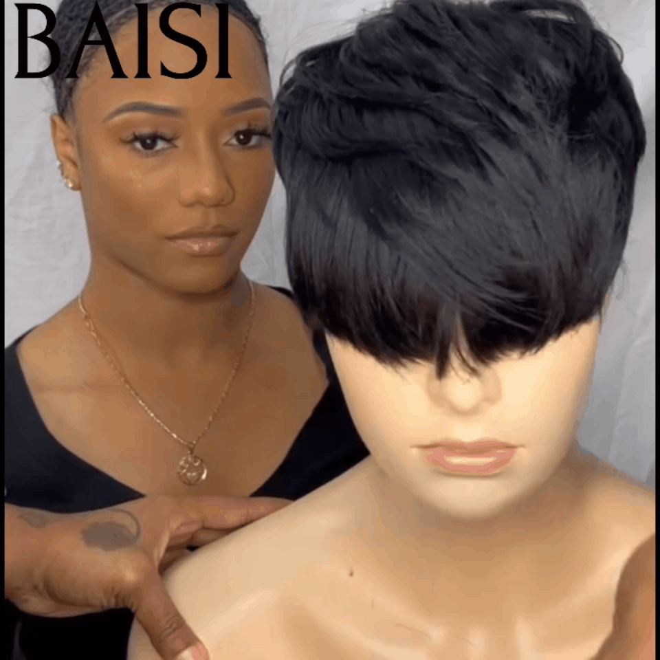 BAISI Perruque 48€ TVA 0€ pixie en France sans Colle sans lace en 100% Cheveux Humains