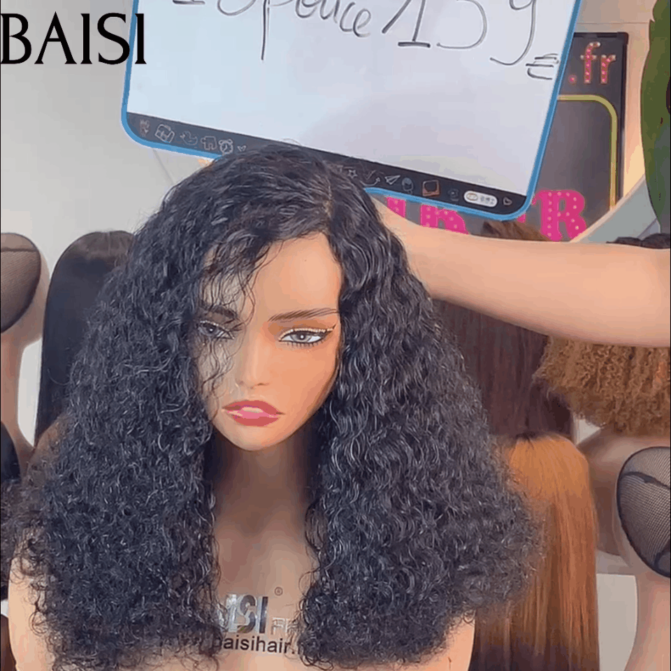 BAISI 5X5 Perruques 18 pouces 139€ de Luxe Volume 300% densité noir Curly Wave double drawn mèches vièges en 100% Cheveux Humains FR38