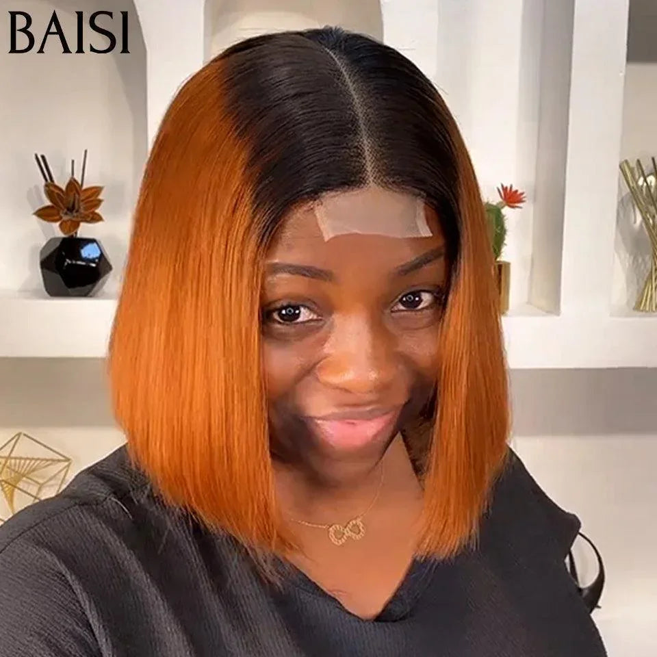 BAISI 2X6 Perruques de Luxe Haute Qualité Viêtnam Hair Lisse BOB en Couleur orange avec racine noir 1BT350# en 100% Cheveux Humains