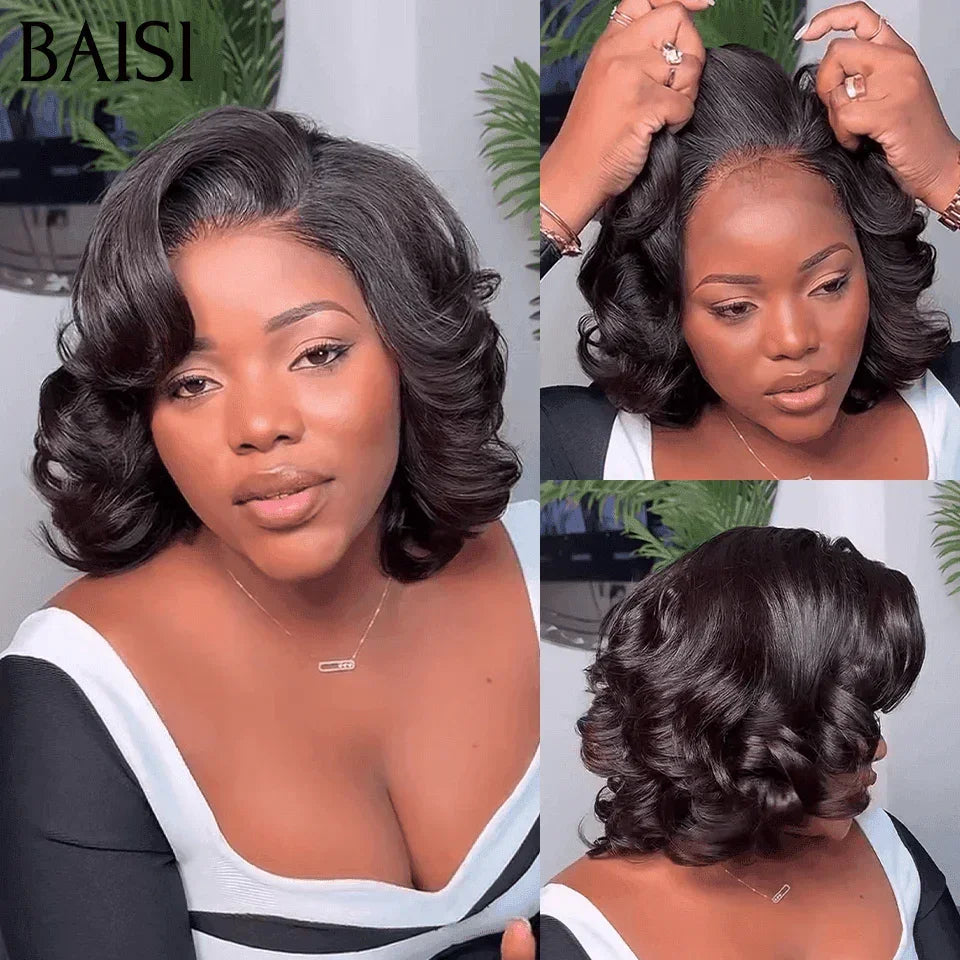 BAISI Perruque 4X4 Pixie Egg Curls 10 Pouces Raie sur le côté 1B# 86€ en 100% Cheveux Humains FR38
