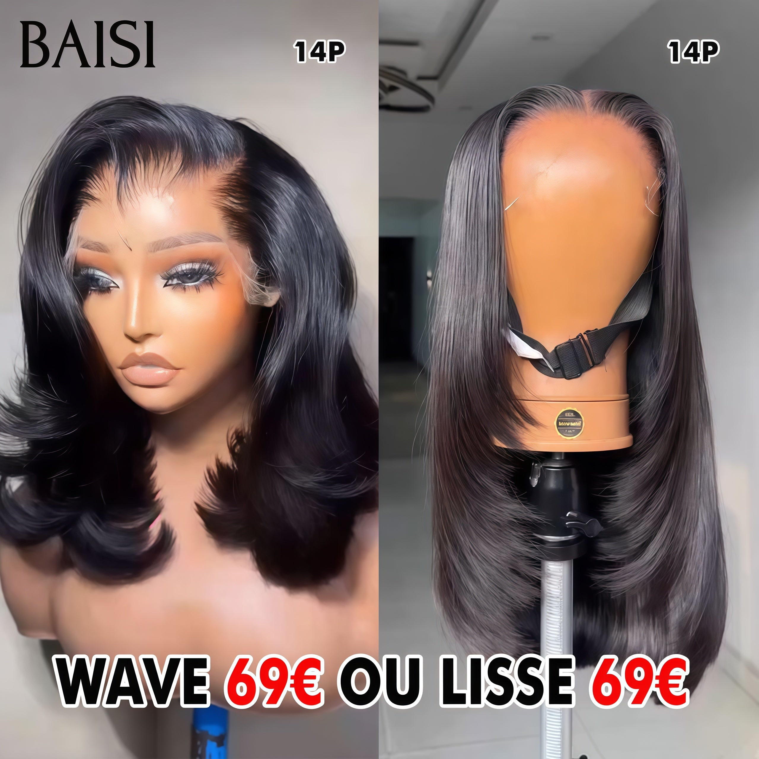BAISI perruques 69€ 13X4 lace frontal body wave ou lisse bob 14 pouces noir en 100% Cheveux Humains FR38