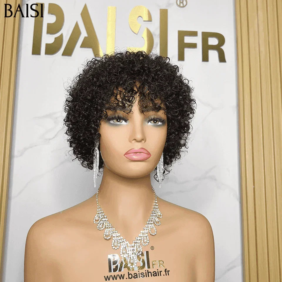BAISI 4X4 lace closure Bob egg wave Marron 10 Pouces 69€ ou Offre Flash 49€ Perruque pixie curly wave avec Frange en Noir Sans Lace en 100% Cheveux Humains BS65