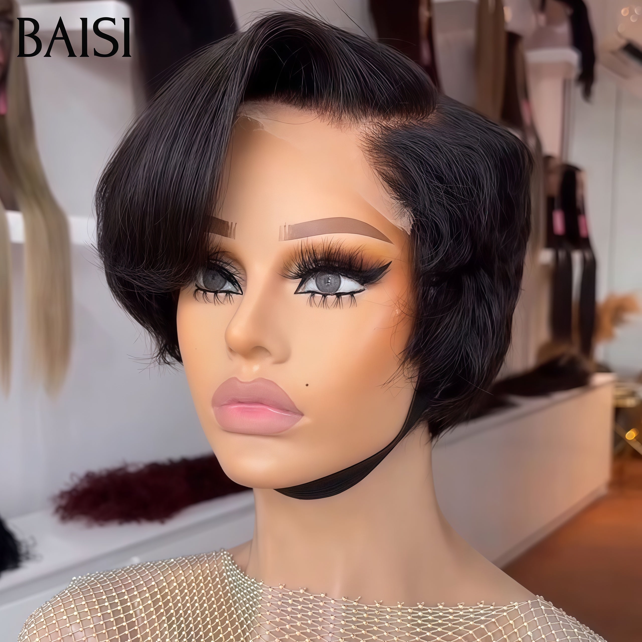 BAISI 13x4 Lace Frontale Perruque Pixie lisse petite coupe 59€ Facile à porter En 100% Cheveux Humains