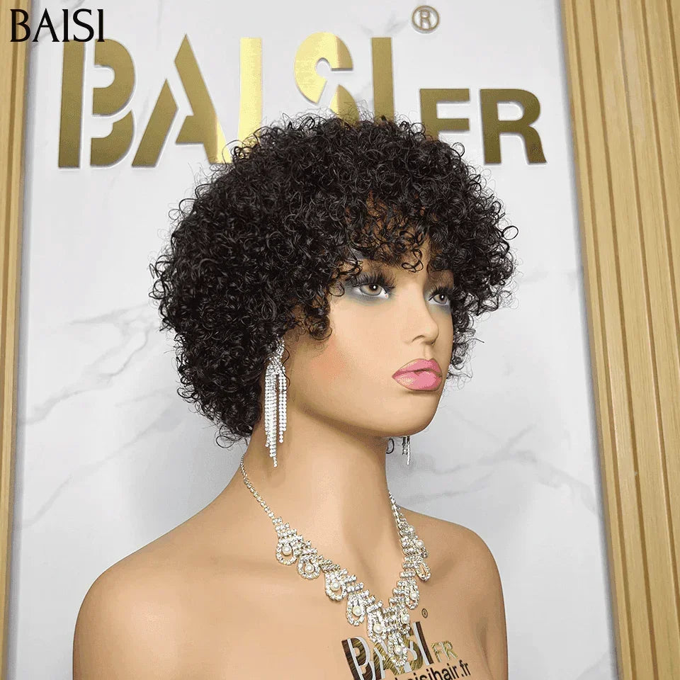 BAISI 4X4 lace closure Bob egg wave Marron 10 Pouces 69€ ou Offre Flash 49€ Perruque pixie curly wave avec Frange en Noir Sans Lace en 100% Cheveux Humains BS65