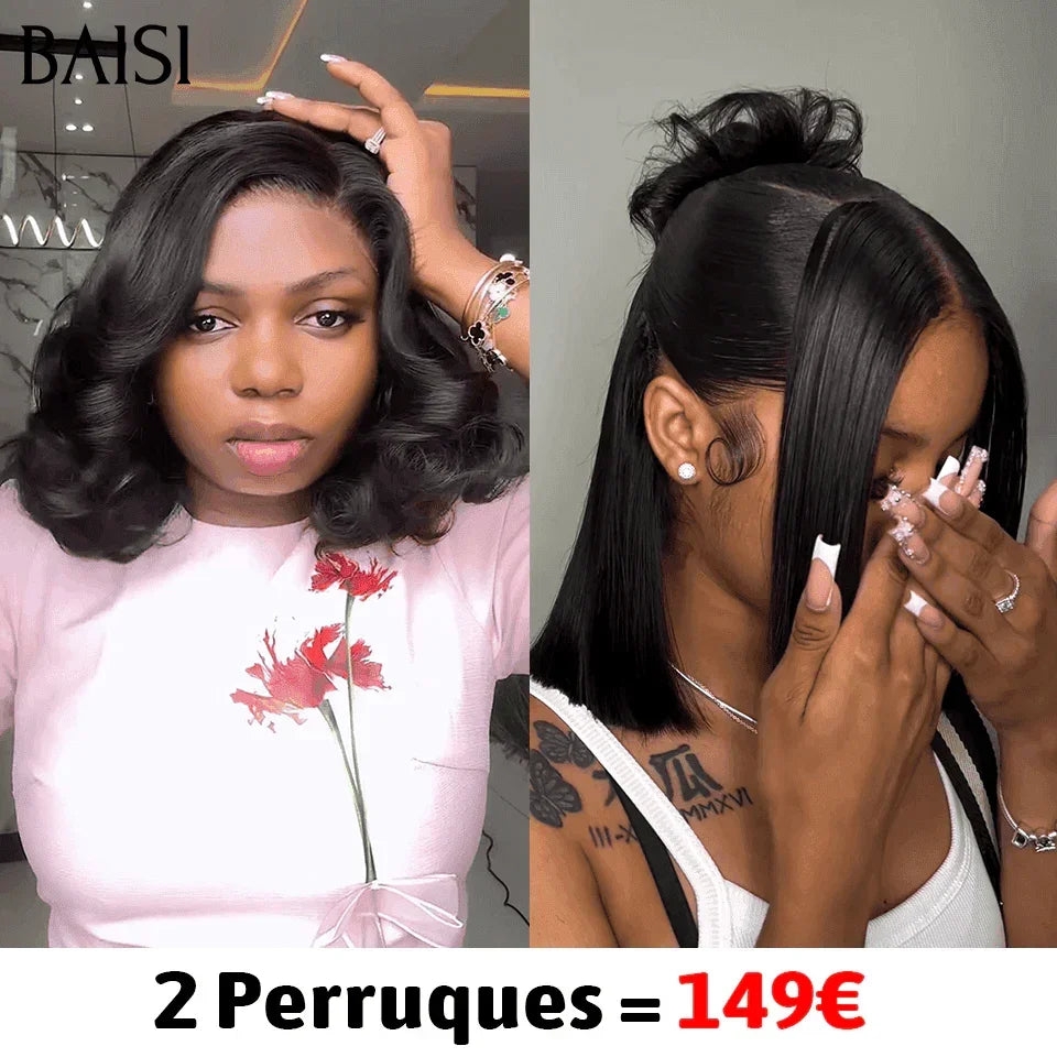 BAISI 2 Perruques 149€ 13X4 Bob Lisse et 4X4 egg wave 10 Pouces F-025 NOIR en 100% Cheveux Humains vietnam hair VIP100