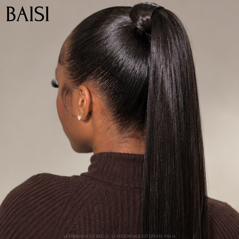 BAISI BLACK FRIDAY Bas Prix 100€ 20 pouces 13X4 lace frontal Perruques lisse noir avec en chignon bun en 100% vrais cheveux humains